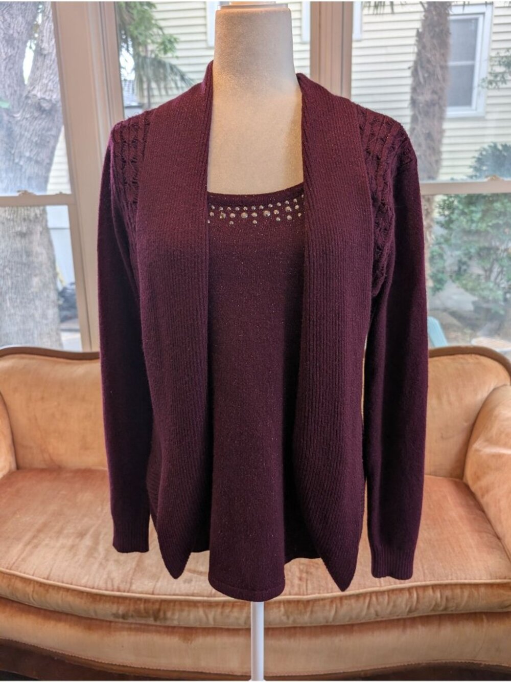 Women's Burgundy Knit Cardigan & Top Set Size S Rhinestone Accent Office